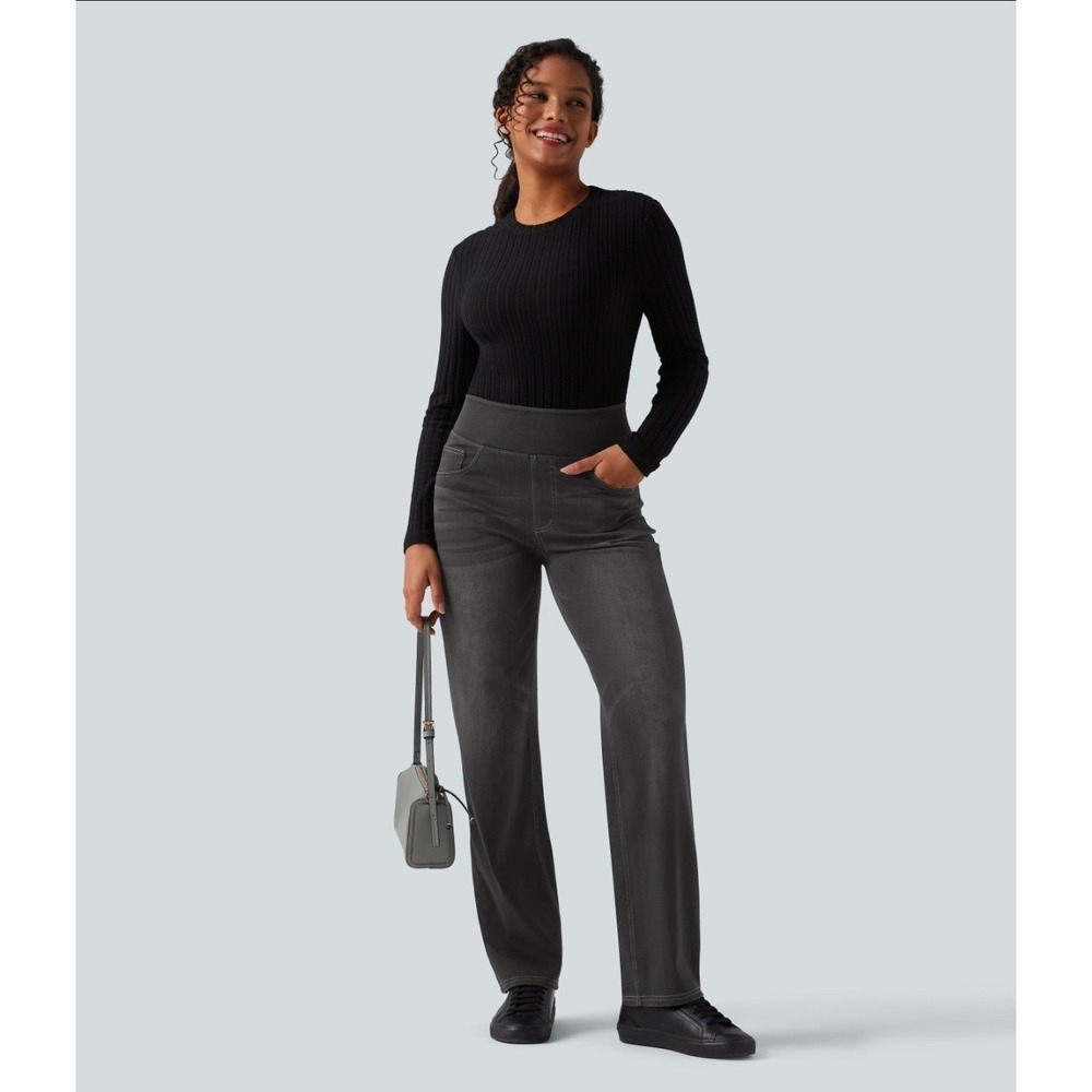 Halara Flex High Waisted Straight Leg Jeans Womens Large Charcoal Black NWT